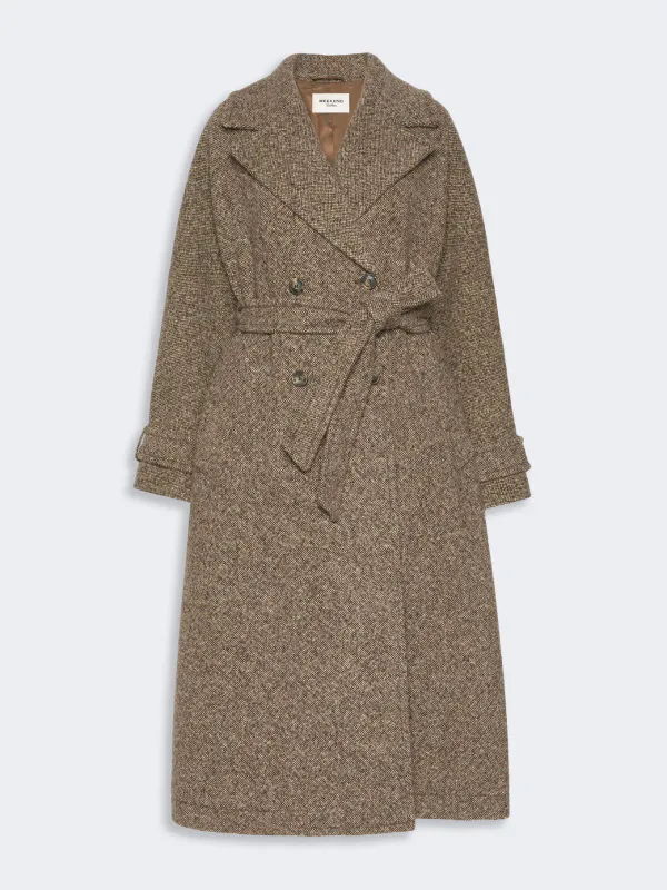 TEMA Long Wool Blend Tweed Coat Brown