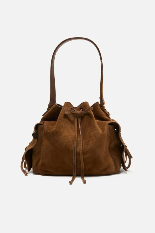 Multipocket Suede Bucket Bag Cognac Brown