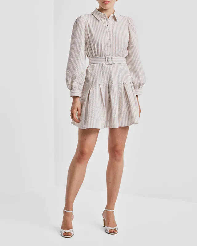 SEERSUCKER Pleated Dress Khaki Stripe