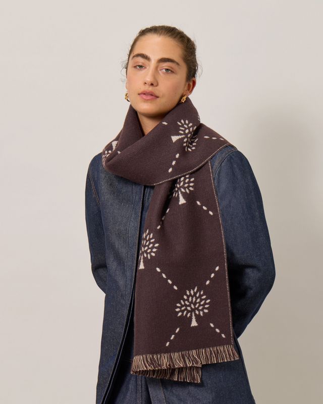 Mulberry Diamond Tree Jacquard Scarf Ebony Taupe Wool