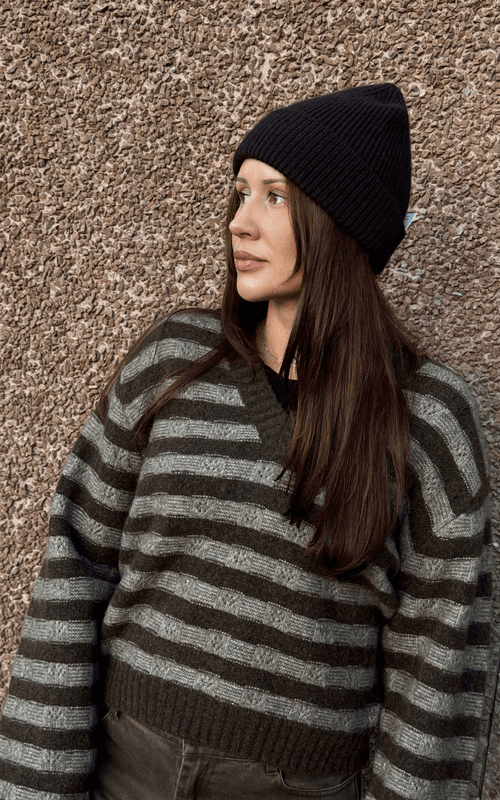 MARIA Yak VNeck Sweater Brown Stripe