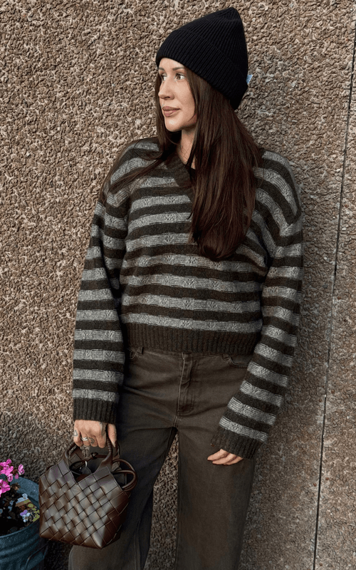MARIA Yak VNeck Sweater Brown Stripe