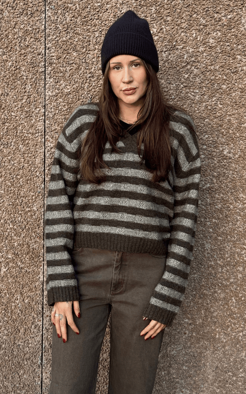 MARIA Yak VNeck Sweater Brown Stripe