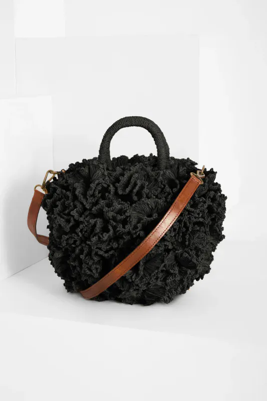 CORAL Black Ball raffia bag