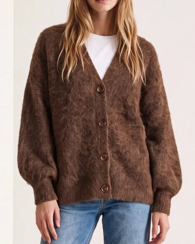 Hairy Knit V-neck Jacket Brown 